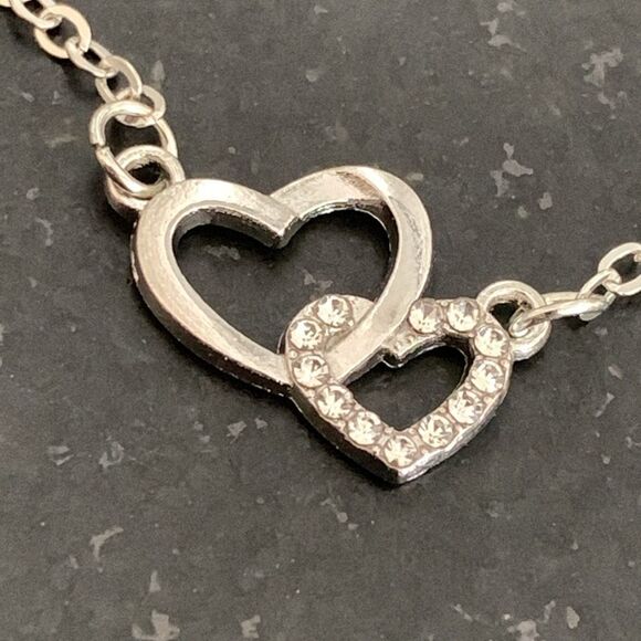 Hugging Hearts Silver Necklace – Rhinestone Pendant, 16–18” - Picture 1 of 8